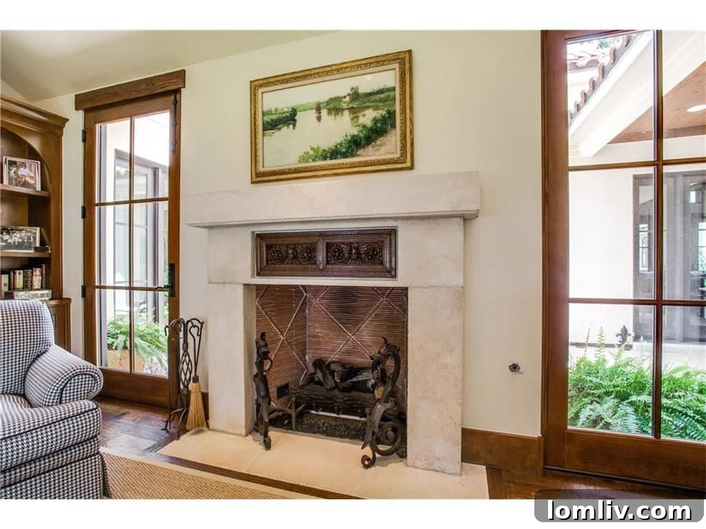 Elegant Formal Living Room Fireplace with Carved Wood Panel
