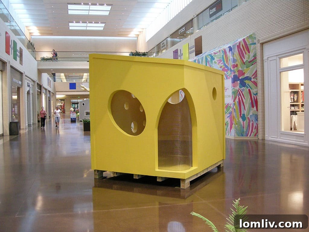 The SAY CHEESE playhouse by Austin Commercial with Manuel Millan of The Life of an Architect Competition, a playful and unique design at the Dallas CASA Parade of Playhouses, shaped like a block of cheese.