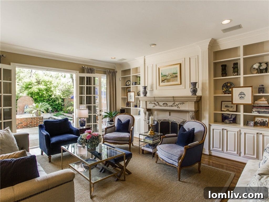 Cozy Family Room with Built-in Bookcases and Fireplace