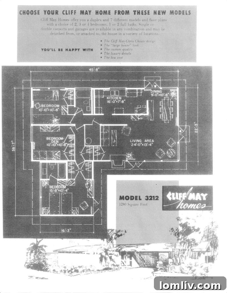 The distinctive facade of another Cliff May residence in Casa View Oaks, highlighting the iconic low-pitch roof and large windows.
