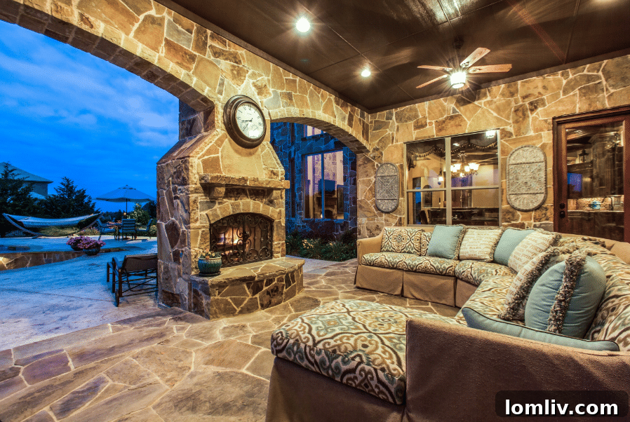 Luxurious stone-covered patio with outdoor kitchen and fireplace in McLendon Chisholm