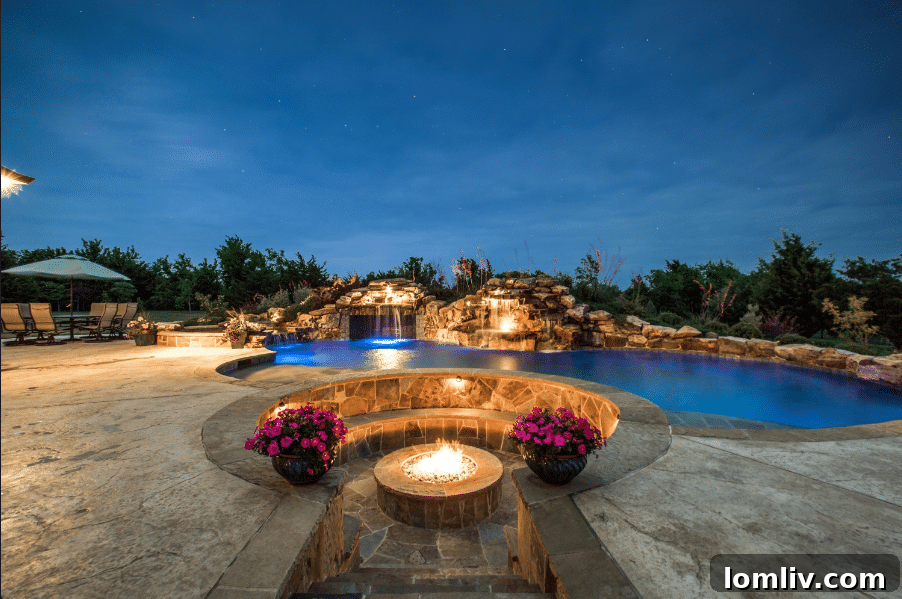 Elegant ozone pool with multiple waterfalls and rock ledges