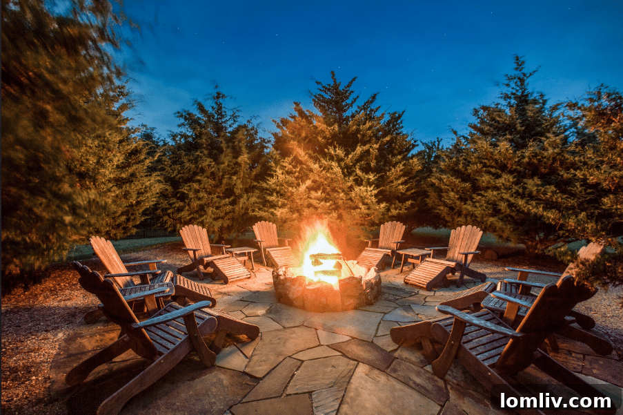 Spacious fire pit area with custom stone pavers, seating for 10