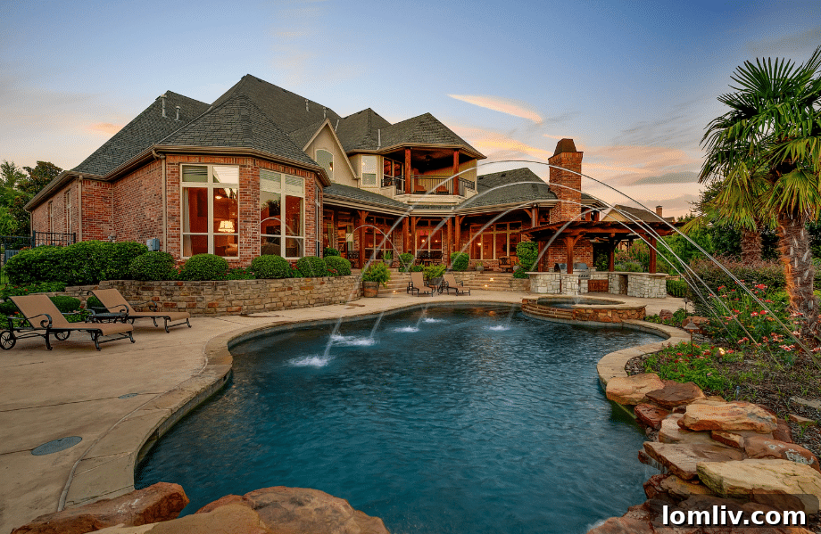 Luxury outdoor living area with fireplace and slate floors in Colleyville