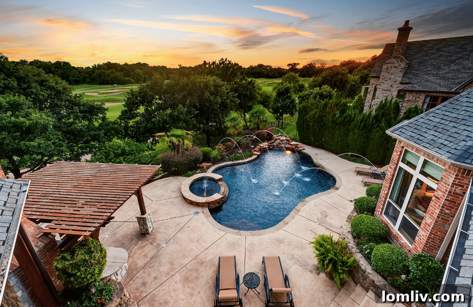 Master suite balcony overlooking pool and golf course at Kenneth Pressley estate