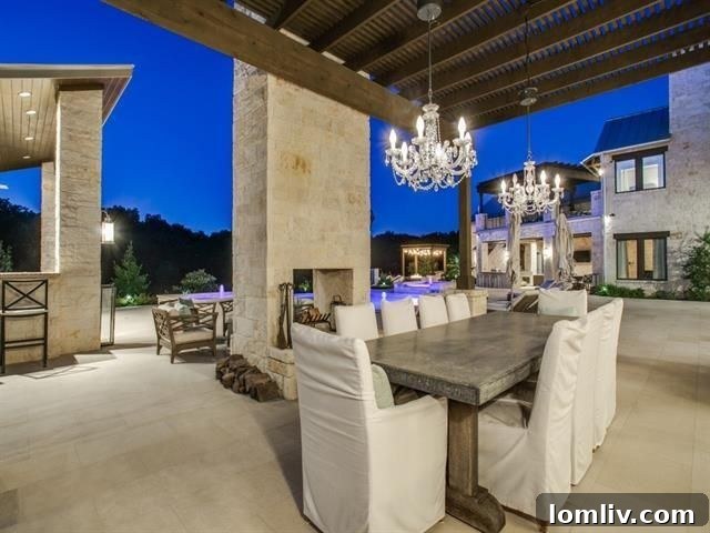 Grand Westlake estate with expansive Austin stone patio and crystal chandeliers