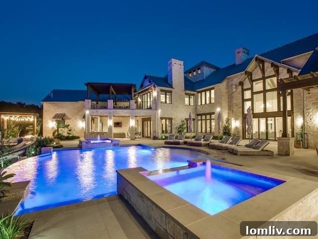 Infinity-edge pool with dual spas and slide in a luxury Westlake outdoor area