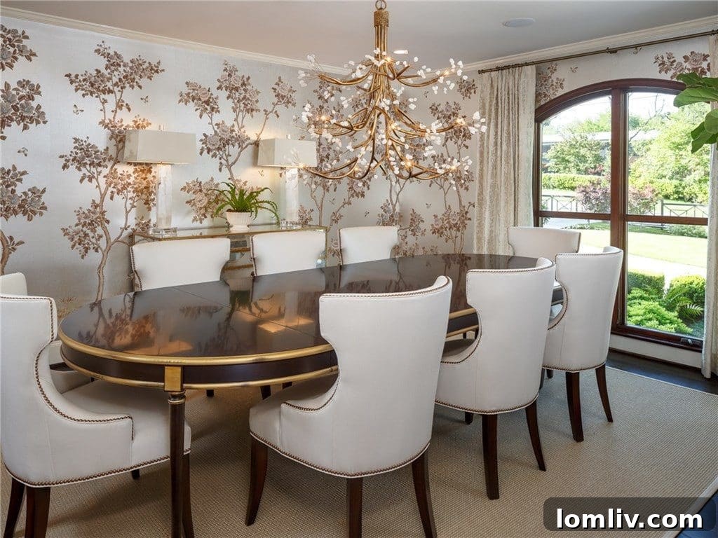 Elegant Dining Room with Gracie Wallpaper and Chandelier