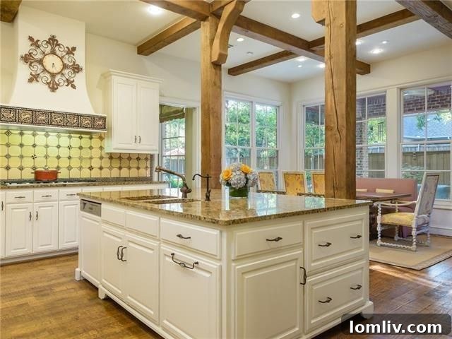 Modern white kitchen with granite countertops and custom cabinetry