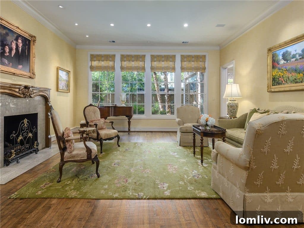 Elegant study or office space with French doors leading to an outdoor fountain