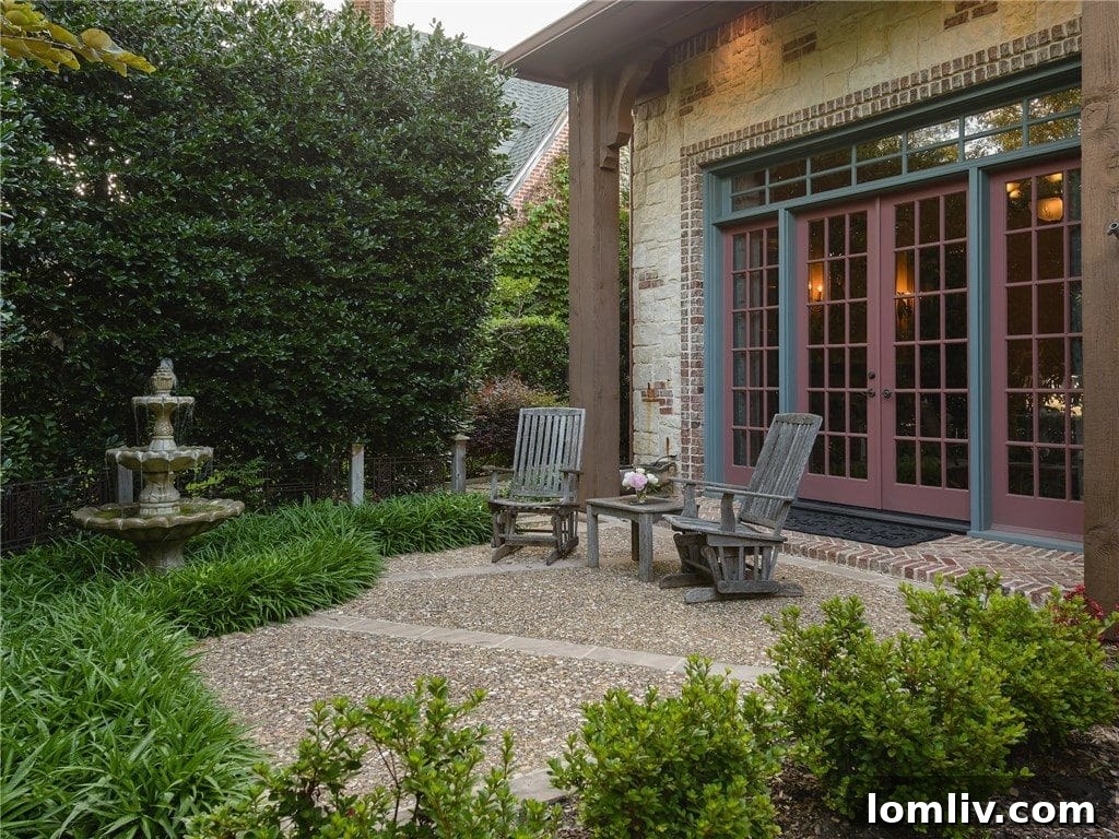 Serene outdoor terrace with a elegant fountain, perfect for relaxation
