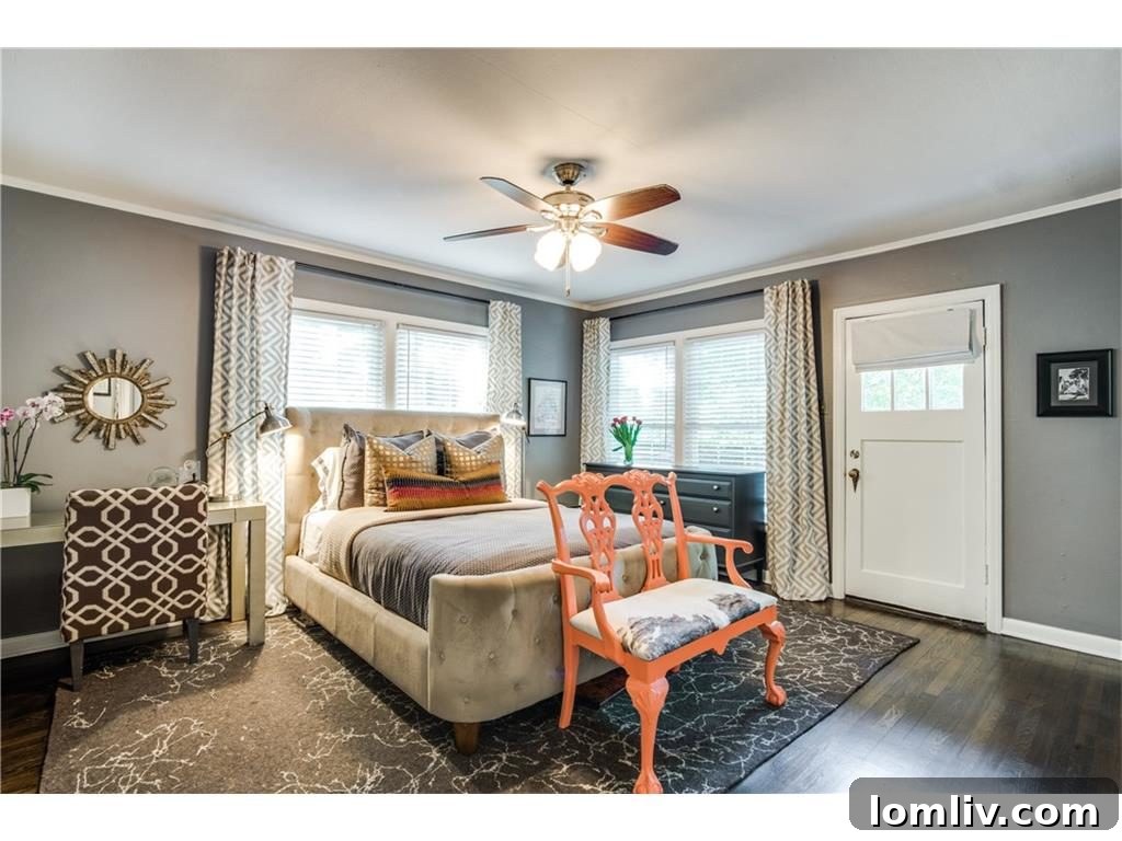 Refined bedroom featuring a perfect balance of classic architecture and contemporary decor, creating a serene and comfortable private space with tasteful furnishings.