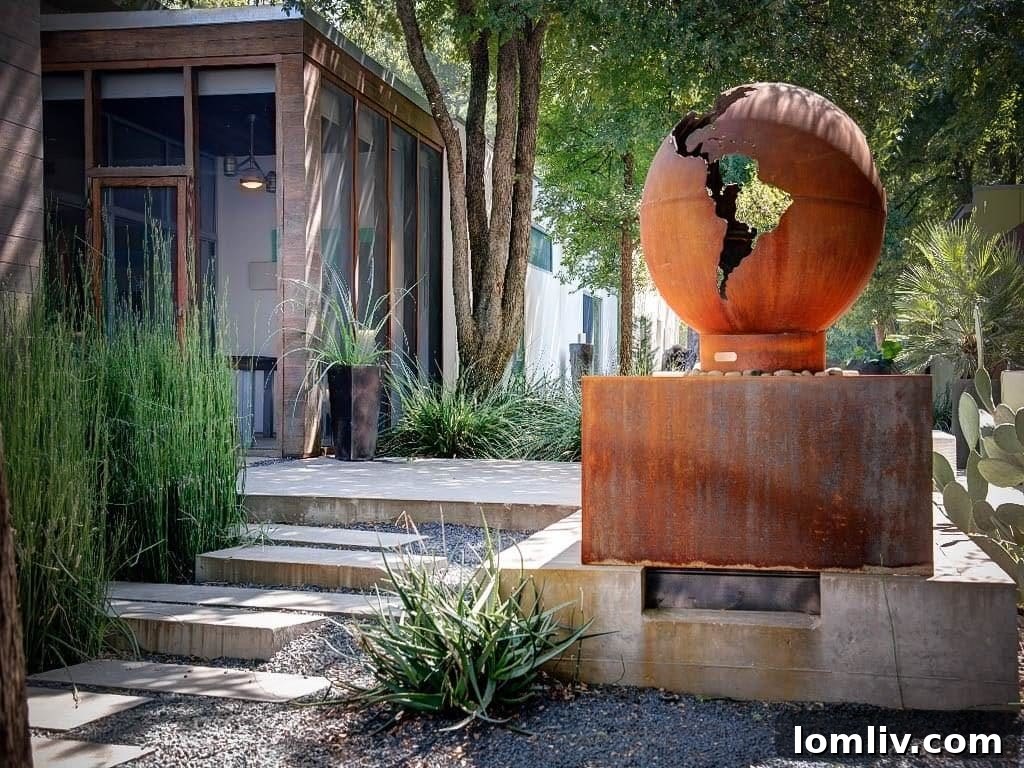 Architectural iron sculpture doubling as a modern fire pit