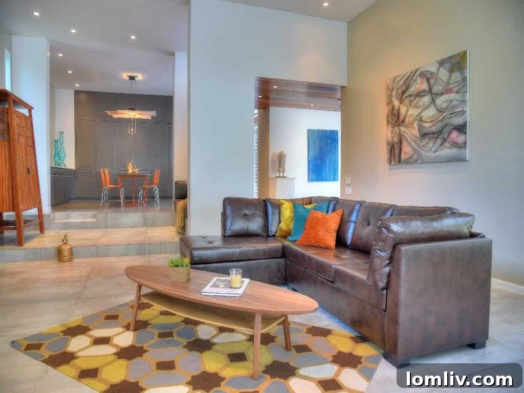 Contemporary living room with unique architectural details