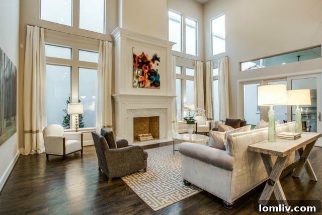 Luxurious Living Room with High Ceilings and Elegant Fireplace