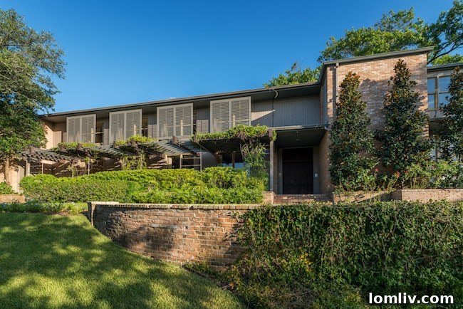 Distinctive exterior architecture of the O'Neil Ford designed home
