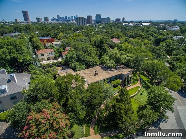 Aerial view of the sprawling Penson estate in Highland Park, showcasing its large lot and surrounding greenery
