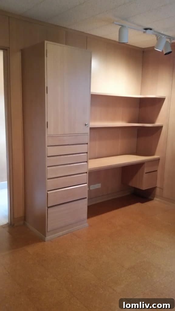 Vintage built-in desk and cork floors