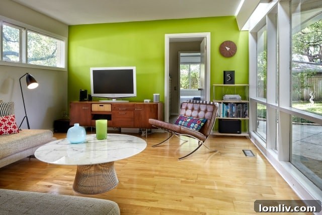 Another interior perspective of The Y House, highlighting mid-century details