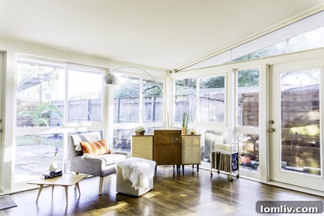 A cozy and inviting living room showcasing the blend of midcentury design and modern comfort