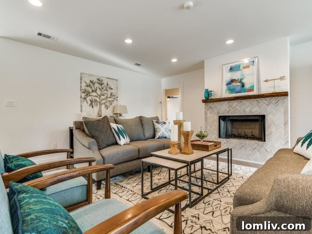 Herringbone Marble Fireplace with Live Edge Walnut Mantel