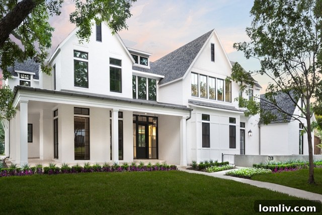 The impressive facade of the Southern Luxe Farmhouse at 7208 Dominique Dr., featuring a grand wraparound porch.