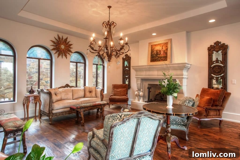 Mira Vista: What Every Buyer Wants 4 Formal living room at 6808 Shadow Creek Court with 5-inch wood planks, coffered ceiling, and cast stone fireplace