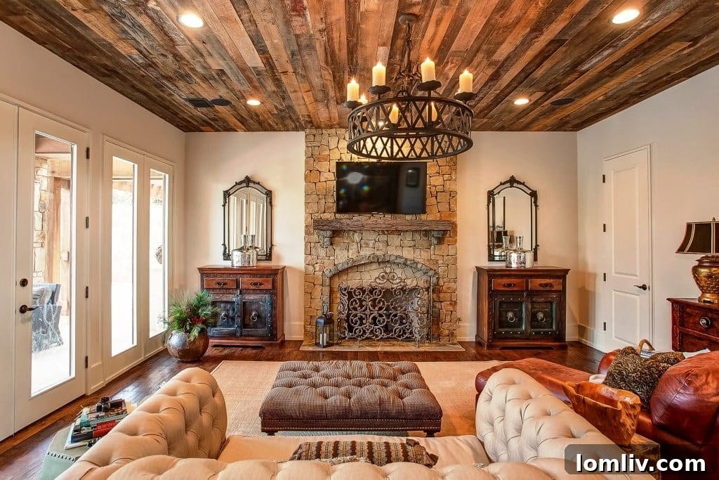 Mira Vista: What Every Buyer Wants 7 Family room at 6808 Shadow Creek Court featuring a dry-stacked stone fireplace and reclaimed wood ceiling