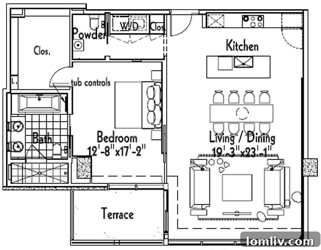 House 1-Bedroom floor plan demonstrating spacious 'thick' layout