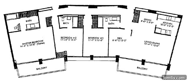 Preston Tower 3-Bedroom floor plan showing 'thin' layout with back hallway