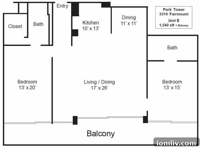 Park Towers Split Bedroom 'Thick' Unit floor plan with one face of windows
