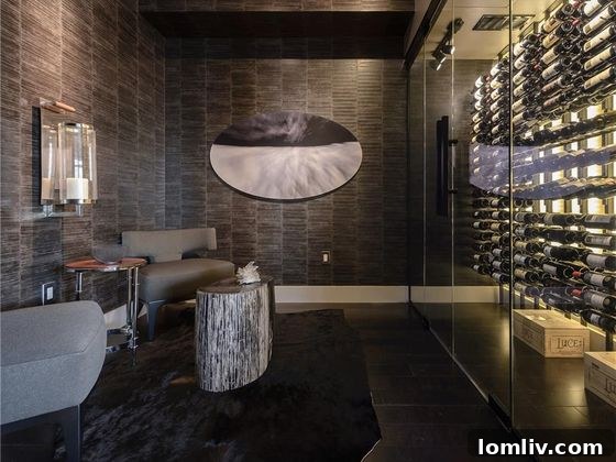 Exquisite in-home wine room with custom shelving and lighting in a luxury Dallas condo