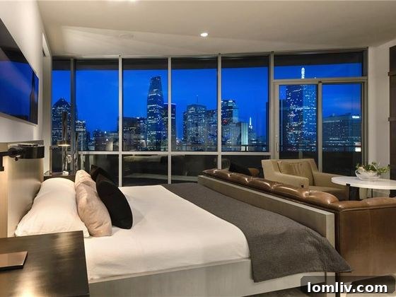 Elegant master bedroom with panoramic Dallas city views and electric shades