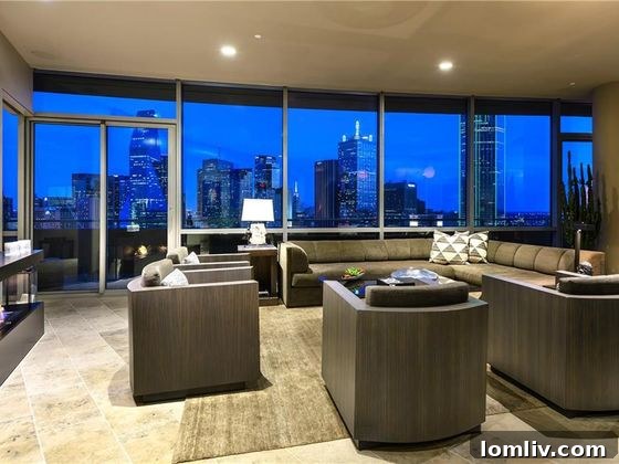 Panoramic Dallas skyline view from a luxury high-rise condo