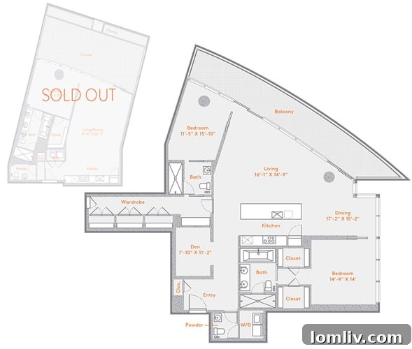 Detailed floor plan of combined Unit 2304 at The House Dallas, showcasing the expansive layout.