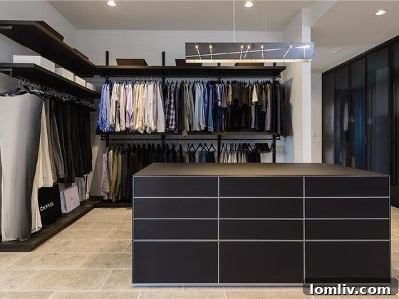 Spacious custom master closet with sleek cabinetry and glass counters