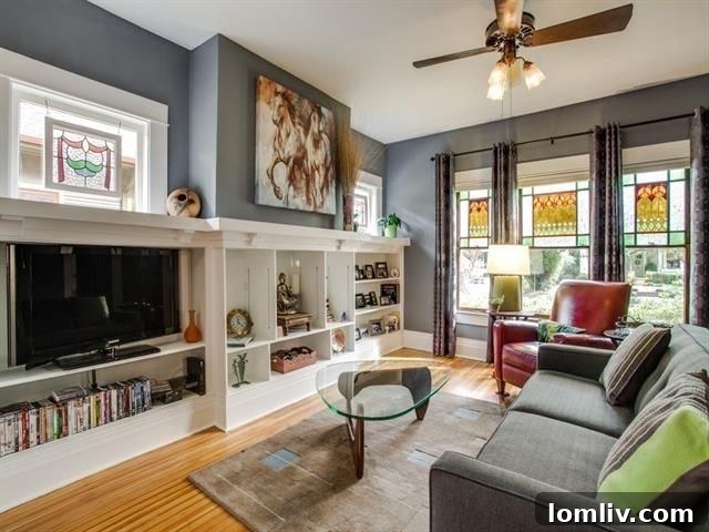 Elegant living room with built-ins in the Winnetka Heights home.