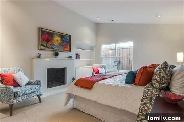 Luxurious master suite with fireplace and spa-like bathroom.