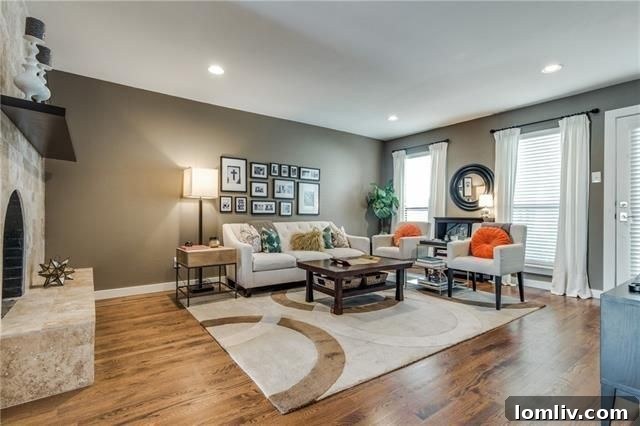 Bright and spacious living room with hardwood floors and elegant decor in Dallas condo
