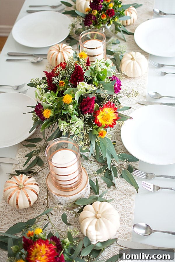 Modern rustic Thanksgiving tablescape with copper accents and mini pumpkins