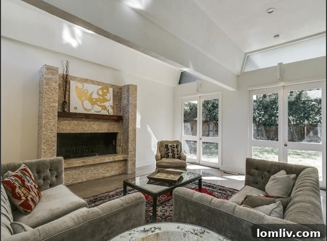 Spacious Living Area with Modern Fireplace and French Windows