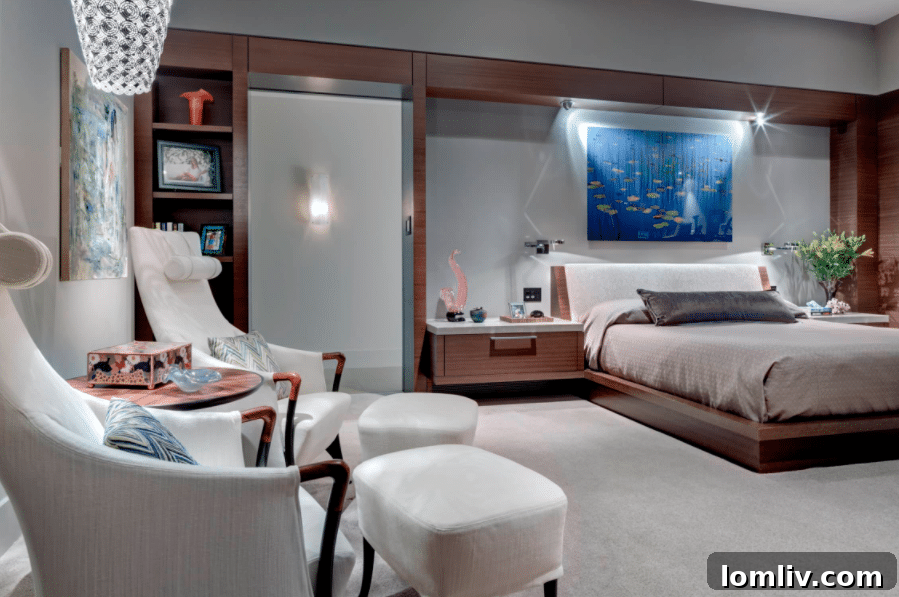 Luxurious bedroom with custom headboard and sophisticated decor by Linda Fritschy