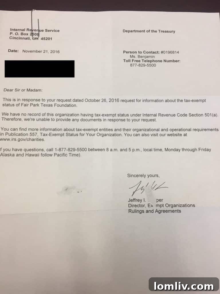IRS Letter regarding Fair Park Texas Foundation's tax-exempt status
