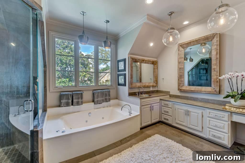 Master bedroom with fireplace and treetop views