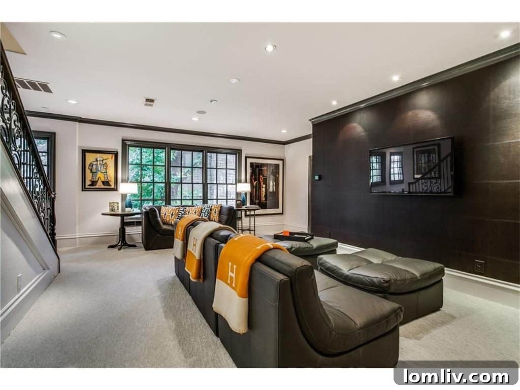 Luxurious game room featuring a unique chocolate brown leather accent wall