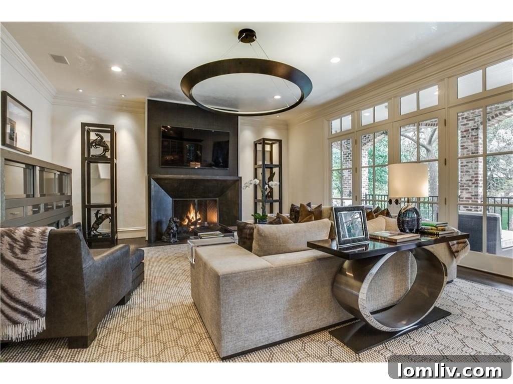 Spacious open-plan family room with oxidized steel fireplace and large pendant light fixture