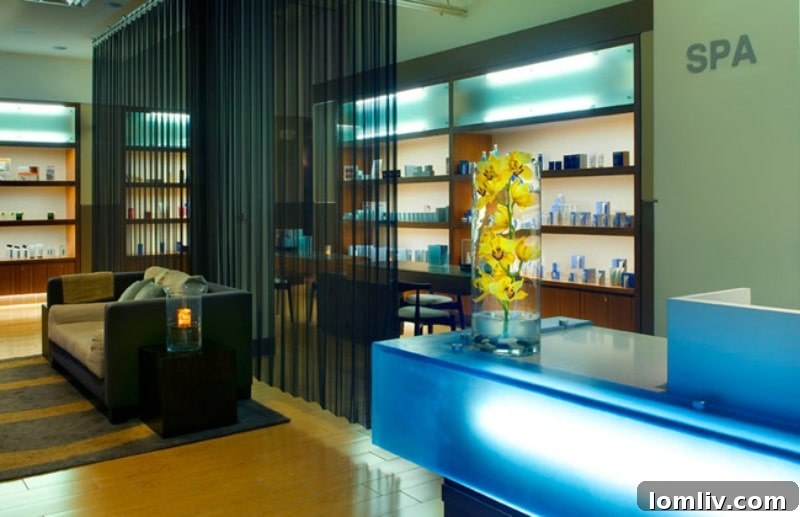 Interior view of the luxurious Equinox Spa, showcasing serene treatment rooms and elegant, calming decor
