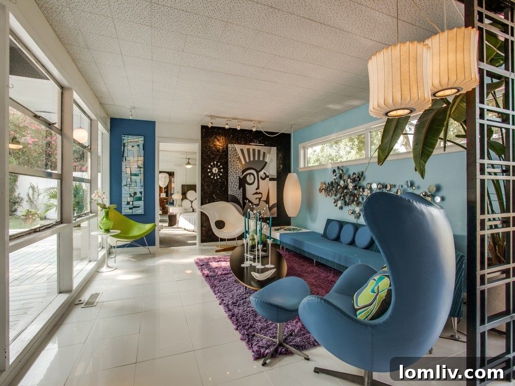 Guest bedroom with stylish decor, maintaining the home's overall MCM aesthetic.