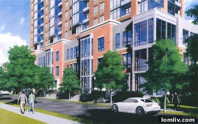 Nine elegant street-level walk-up townhomes on Welborn, designed to mask the garage from view and enhance the residential aesthetic.