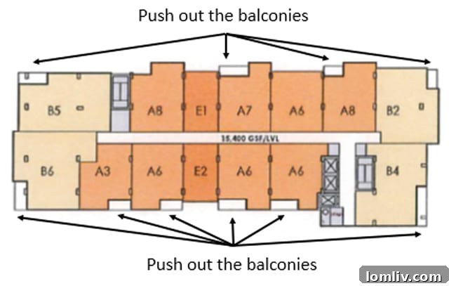 Non-Penthouse Floor Plate, illustrating typical balcony integration within the building's design.
